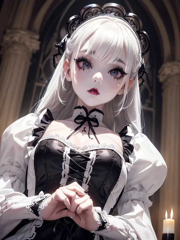 (1 girl 1.3) (extremely detailed 1.3) (anatomically correct, High precision, realistic skin) (RAW photo, Super detailed, advanced details, intricate details,), (Lighting: Face lighting, Ray tracing, reflective light, Structurally correct) ((Background: Gothic house, candlelight 1.3)) (Subject: beautiful Asian woman with White hair in White curls and coils) (wearing: glamorous detailed embroidered white gothic Lolita dress, white corset, white, neck wrists and fingers, ((beautiful big eyes looking up at the viewer, black shiny lipstick, perfect Asian goth cyber makeup))