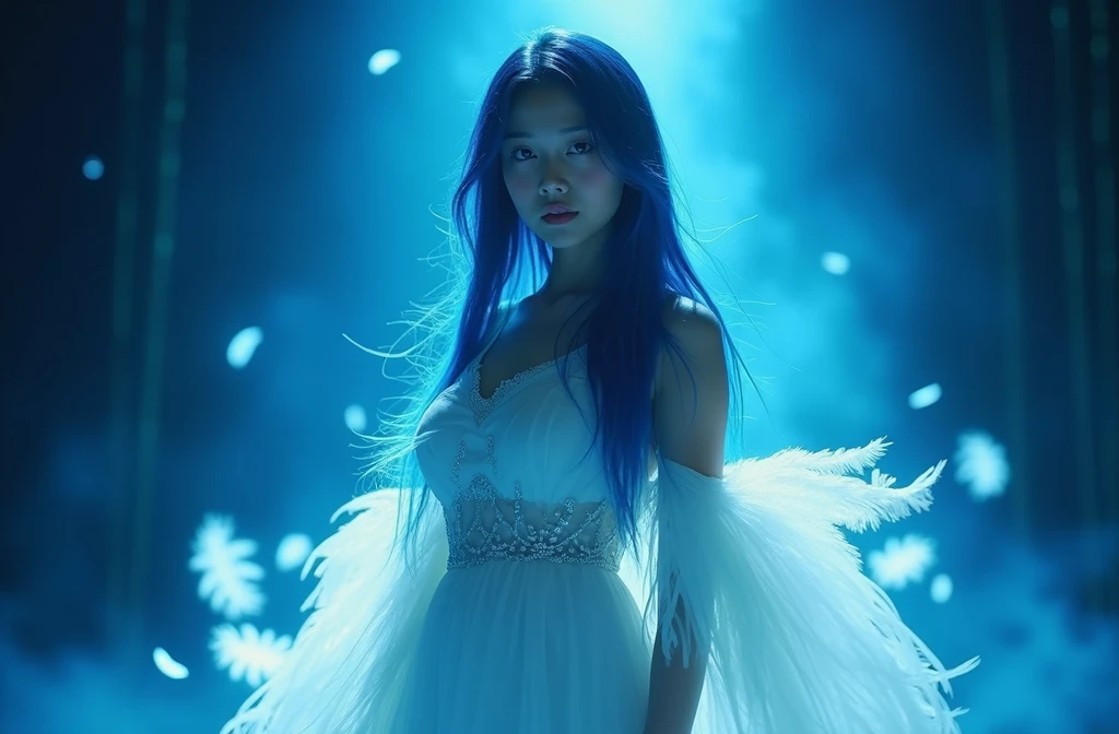 A captivating full-body shot of an Asian woman with long blue hair, her gaze directed towards the camera, wearing a flowing dress that seems to be made out of light beams and feathers. The background is dark, illuminated by a soft white glow from above. She appears confident as she stands in front of a bright blue backdrop, creating a striking contrast between darkness and luminosity. Her attire adds depth and dimension to the scene, while her expression exudes elegance and strength., ultra-realistic photograph captured, high-resolution 20 megapixel Hasselblad H6D-400c USM, sharp focus, hyper-detailed