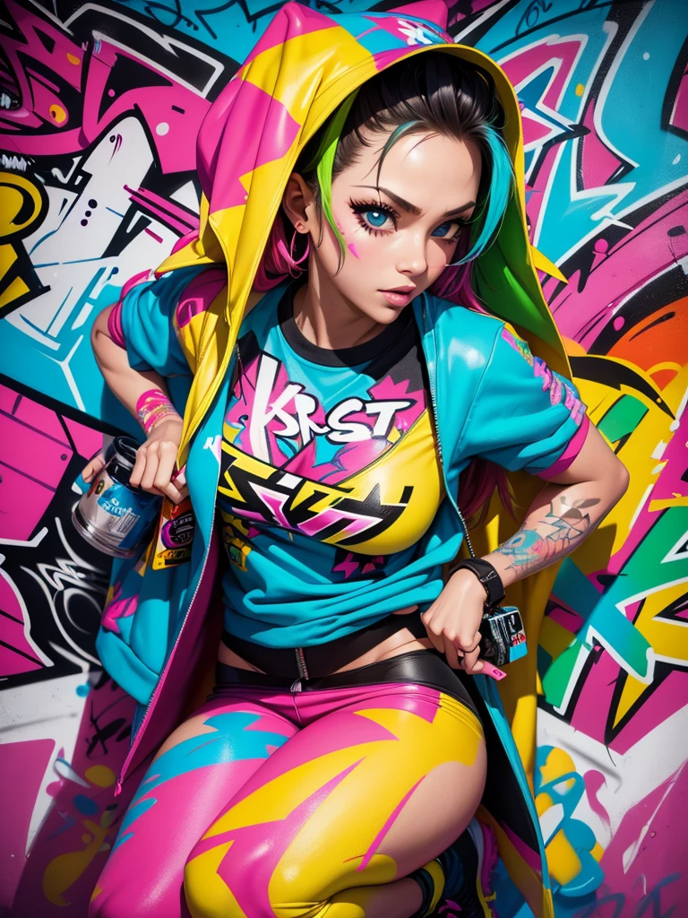 (best quality), (high detail), (vivid colors), (graffiti style), (freestyle), (Close up), (1girl), sexy female graffiti artist, spraying graffiti on a wall painted with street art, HDR, 4K, 3D, graffiti art style.