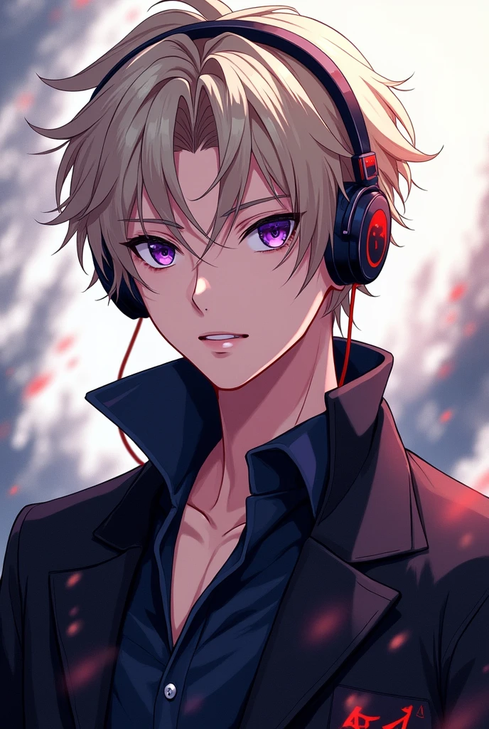 Draw in 2D anime style, a young boy, husbando, that has ash blonde hair, that has violet eyes, has headphones, He wears extravagant clothes in black, that looks an intimidating pose, have a confident smile, that has some malice. 