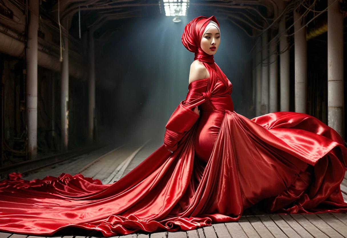 A woman shrouded in a 4-meter-long, plush red satin cloth, tightly bound and grandly draping along the form of her body, flowing off into a pooled floor-length train, styled in a mermaid-inspired outfit, her head modestly veiled in a satin hijab, a full-body pose conveying a sense of mysterious elegance, captured in a 4k resolution, ultra-realistic