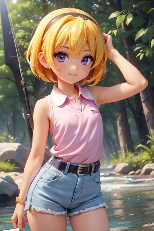 ((fishing)), fishing竿, 川の流れの中でfishingをする人, Lush forest background, fishingのリズムに集中する表情, (Satoko Hojo), 1 female, alone, Yellow Hair, blonde, Purple eyes, short hair, hair band, Flat Chest, Collared shirt,Sleeveless shirt,Pink Shirt, White Belt, Denim shorts