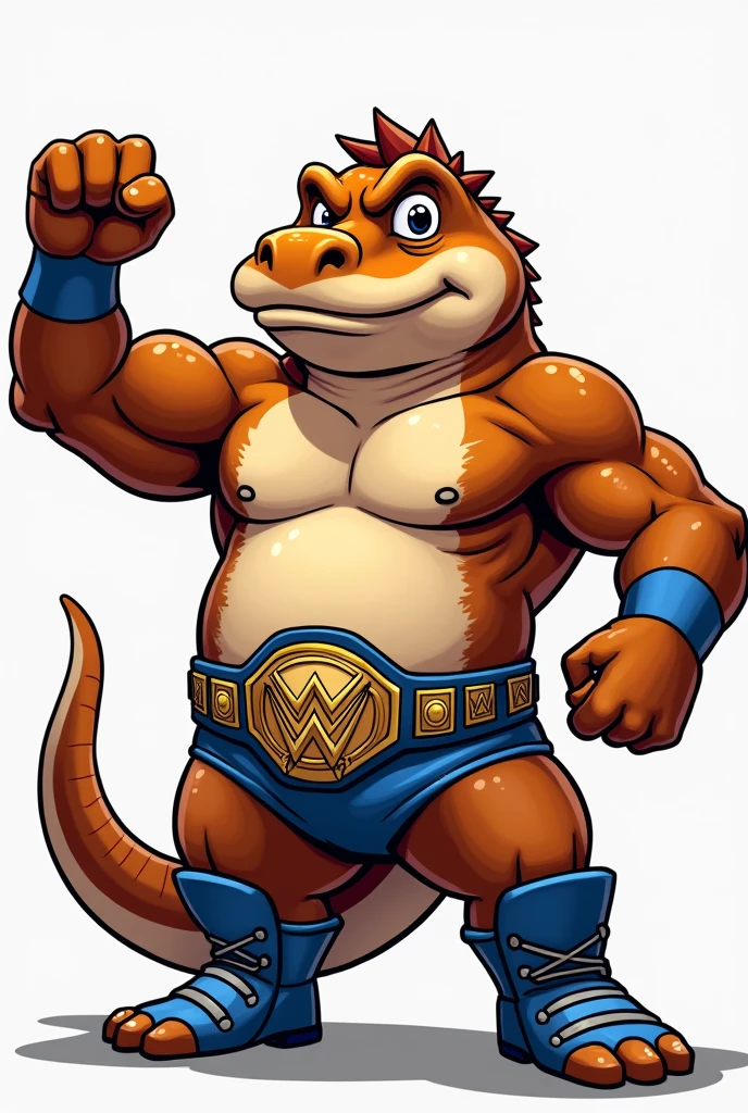 Cartoon salamander dressed as WWE wrestler Bruno Samartino.

Cartoon Salamander head. Cartoon Salamander body.  Cartoon Salamander arms. Cartoon Salamander hands.  

Big chin. Brown Hairy chest. Short brown hair. Blue underwear. Blue wrestling boots. Arm raised. Championship belt around waist 