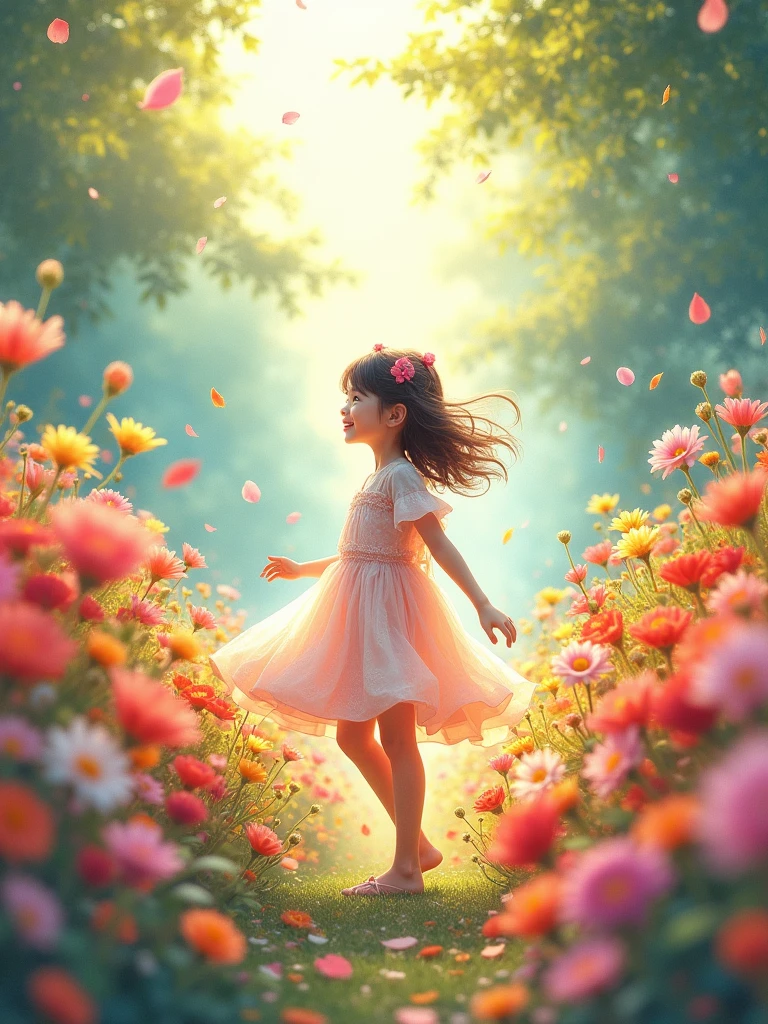 A girl walks through a sea of flowers Low angle, looking up,Emphasize the height of the flowers and the smallness of the girl Gentleness and joy,As if in a fairy tale Petals dance in the wind,A girl's skirt dances with petals,Surrounded by colorful flowers Soft morning light filters through the gaps in the leaves,Scattered on the sea of flowers and the girl Watercolor style,Fresh colors,Full of life