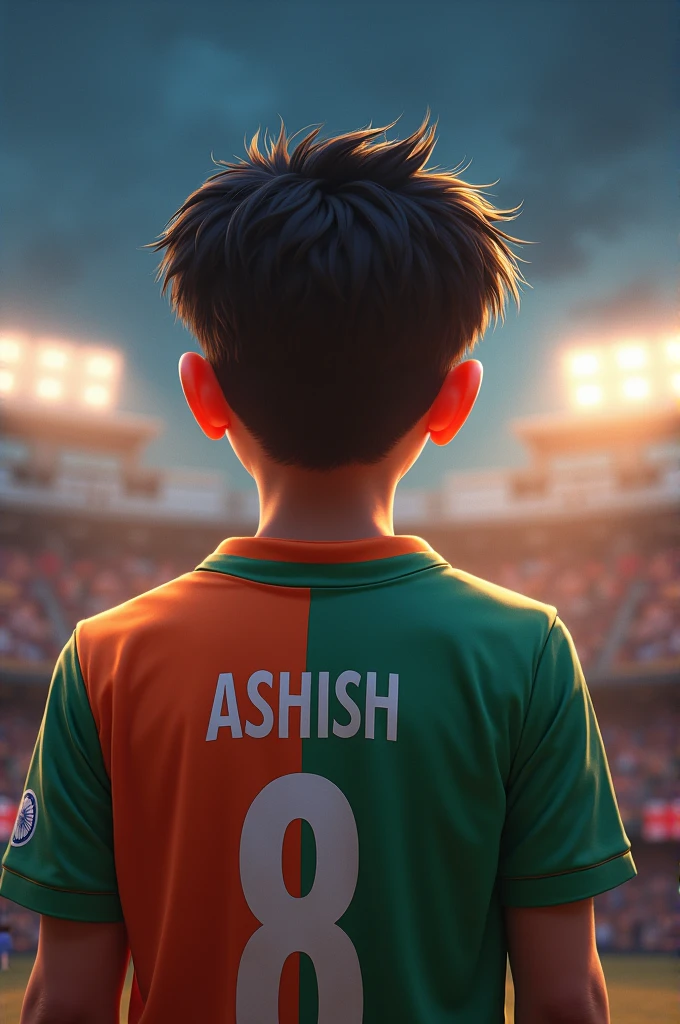 A 14 year old boy Ashish watching India cricket match and wearing India jersey and in back his name and jersey no 8 is written
