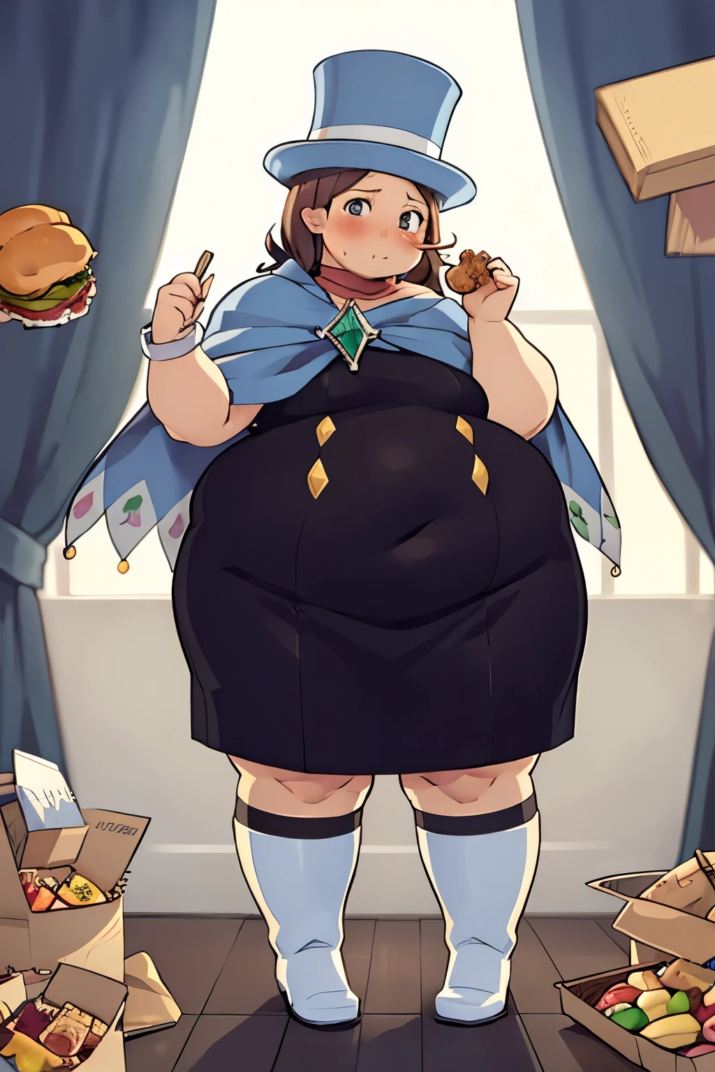 (masterpiece, best quality:1.2), obese trucy wright, blush, embarrassed, obese body, looking at viewer, pinchingpov, pov, cheek pull, top hat, dress, cape, white boots, scarf, eating unhealthy junk food