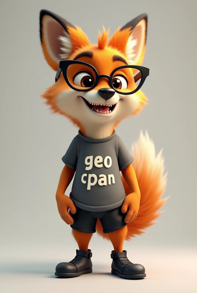 create a smiling character, the maned wolf, with a t-shirt saying GEO CPAN, black shoes and glasses