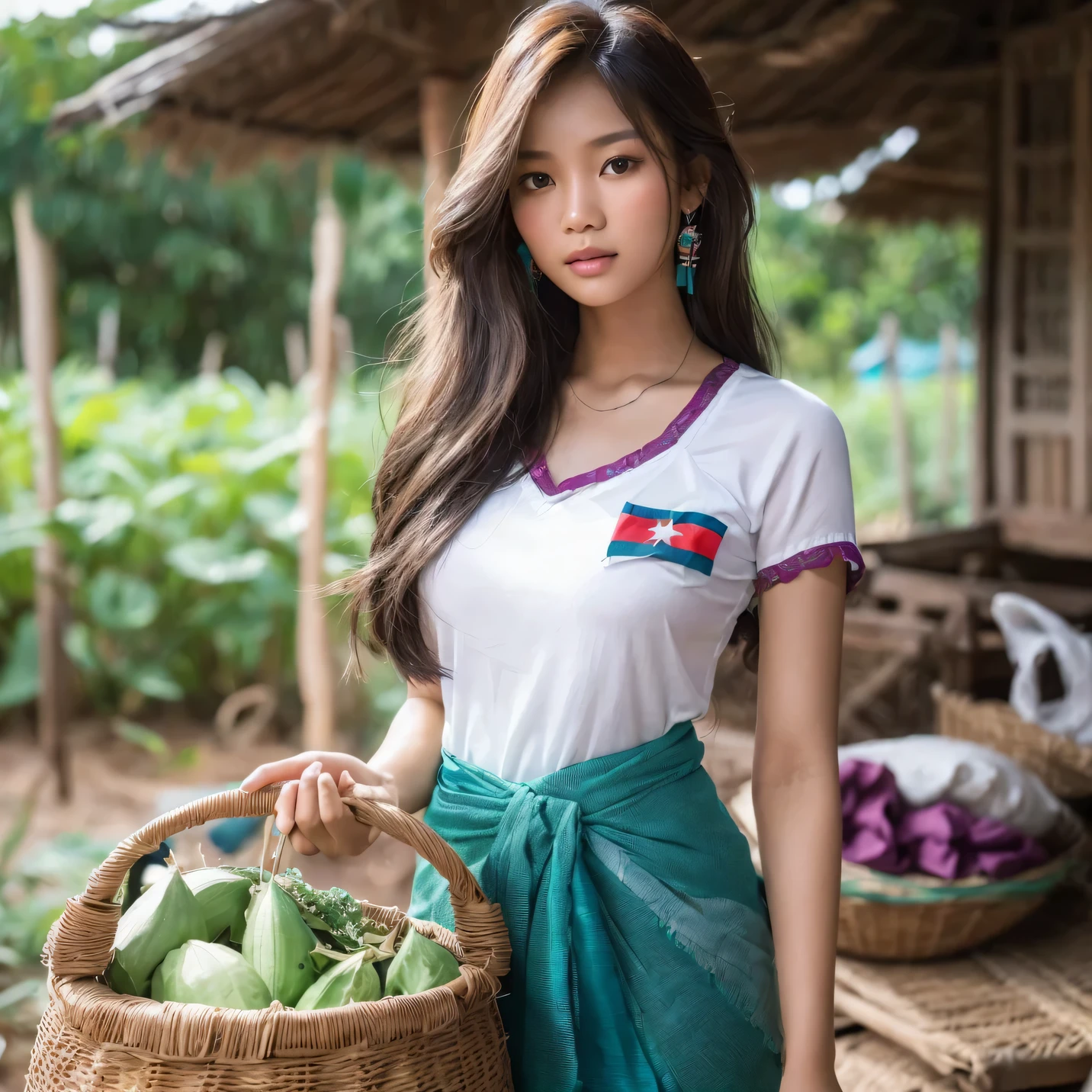 yo, (1 beautiful Cambodian woman, long hair:1.28), white t-shirt, (turquoise green shawl skirt:1.3), (Cambodian flag sticker on chest:1.2), wicker basket filled with terong, rustic hut, terong garden background, highly detailed, cinematic lighting, photorealistic, 8k, hyperrealistic, rich colors, warm tones