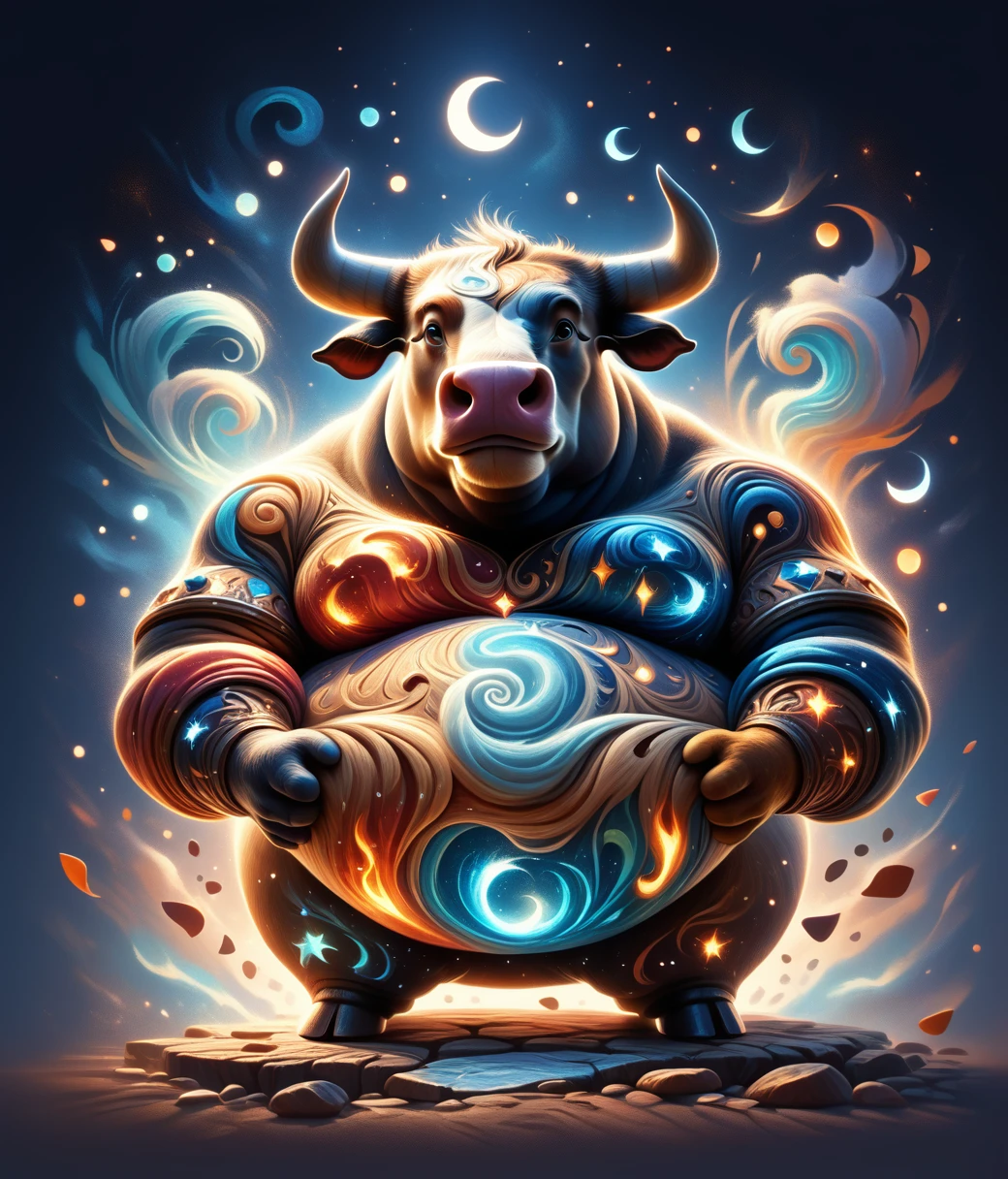 (cute, fat, obese, anthro, male, bull), DonM34r7h3l3XL, fullbody, adorable, magical oasis, fantasy, night time, moonlight, magical, extremely detailed, beautiful,whimsical, hires textures, highly detailed, intricate details, best quality, masterpiece, bright lighting, detailxl