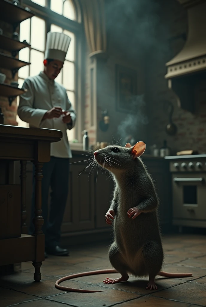 Eager to explore this newfound power, the head chef in the kitchen eagerly consumed the potion. To his surprise, the potion had an unexpected side effect. Instead of understanding the language of animals, the head chef in the kitchen found himself transforming into a small, helpless creature - a rat., Victorian rat, (vacations, high resolution:1.3), (small, selective focus, european film:1.2), (sexual advance:1.1), ,end of hopes ,silence, extremely detailed,dark,sad, easynegative, digital artwork by Beksinski, extremely detailed, dark, chiaroscuro, low-key,in the style of Kelly Slater ,style by Kelly Slater,closeup,digital artwork by Beksinski, style of Kelly Slate