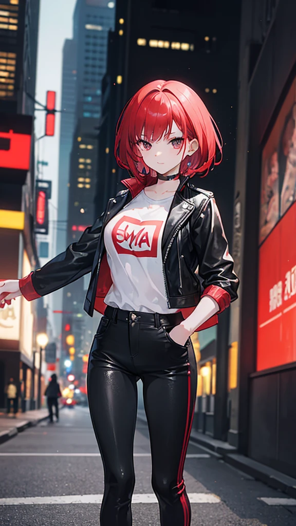 a young high school girl woman with short red hair with dark eyes and a leather jacket and black pants blurry city background