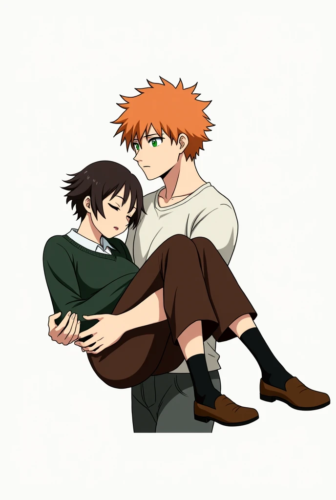 A guy with orange hair and green eyes, a white T-shirt, dark gray pants, carries a girl with very short dark brown hair, closed  eyes, in a dark green sweater and dark brown skirts, anime art, masterpiece, realistic, over-detailed, professional quality