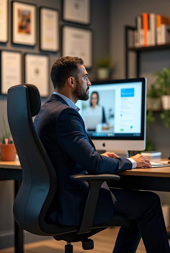 Corporate your sitting on their office chair and teacher taking online session using Google meet