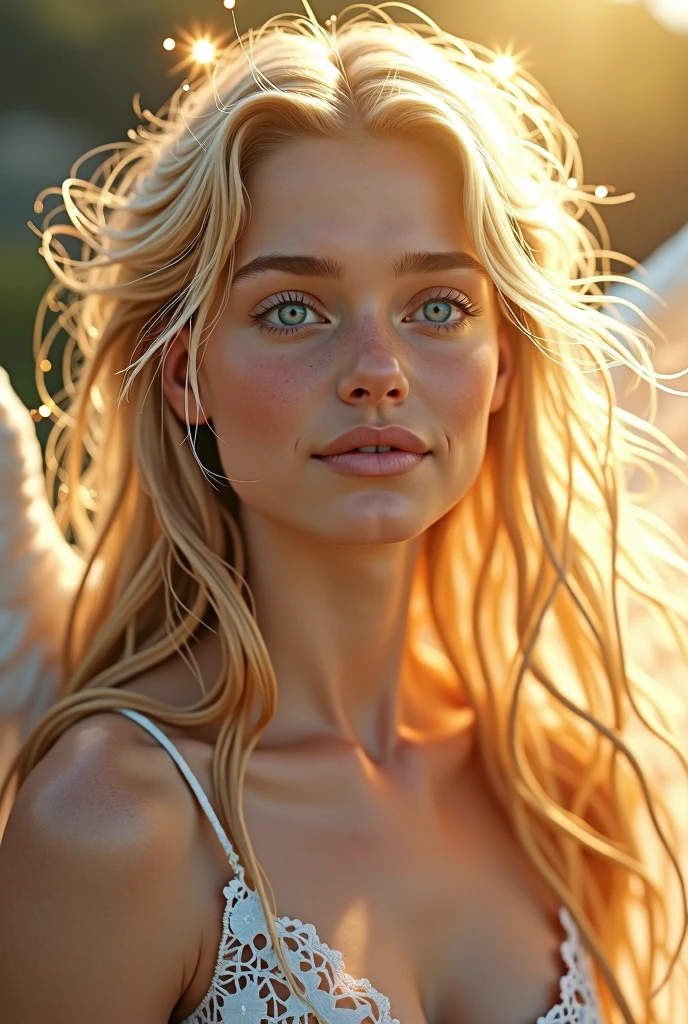 Long Hair, smile, blue eyes, Golden Eyes, Blonde, smile, Simple Background, Angel Halo, Sparkle Effect, movie,