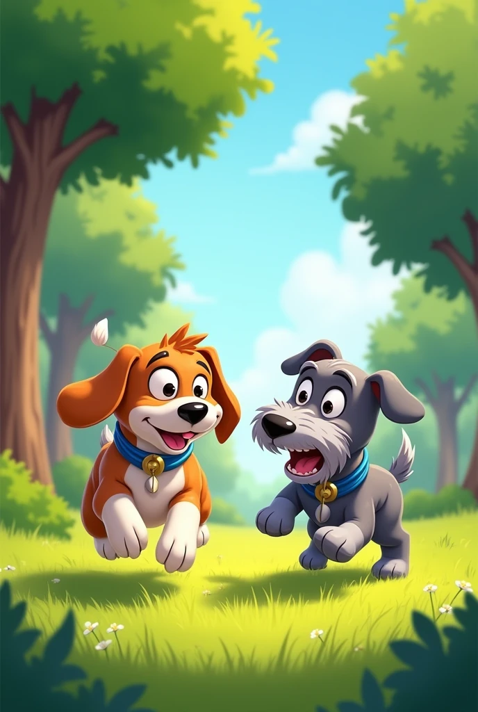 (cartoon) a beagle dog with a blue collar with a Schnauzer dog with blue collar playing in a park
