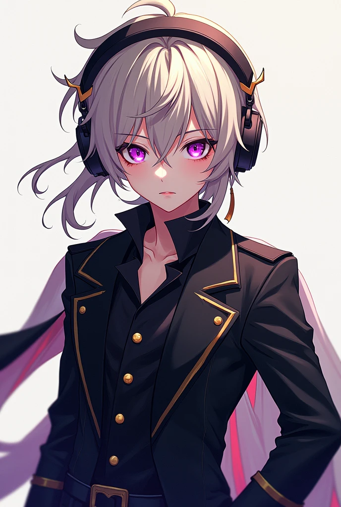Draw in 2D anime style, a young boy, husbando, that has ash blonde hair, that has violet eyes, has headphones, He wears extravagant clothes in black, that looks an intimidating pose, have a confident smile, that has some malice. He has his hair combed back, that has short hair