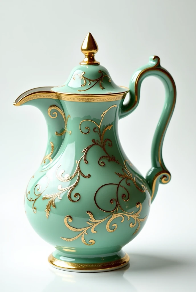 A gracefully ornate coffee pot , intricately adorned with delicate opal green and gold filigree that dances along its ceramic surface. This breathtaking porcelain masterpiece captures the essence of elegance and sophistication, showcasing meticulous craftsmanship and exquisite detail. The vivid colors pop against the white background, creating a visually stunning image that exudes luxury and charm. This captivating depiction is a close-up photograph, immortalizing the beauty of this artful creat