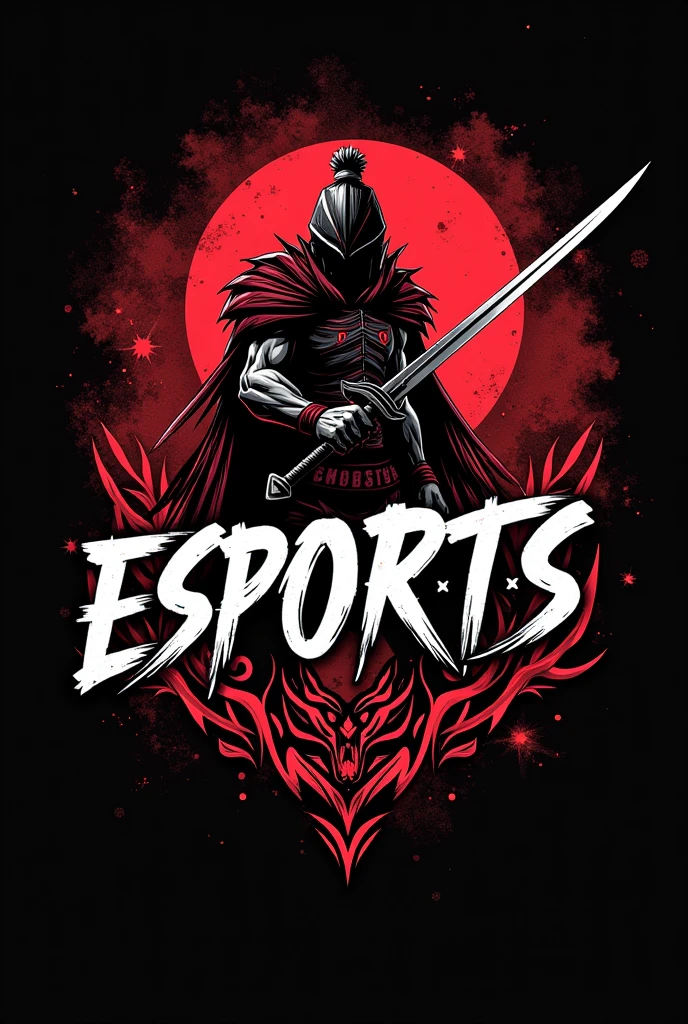An empowering T-shirt design showcasing the phrase "NYT ESPORTS" in a thick, script font (Amatic Bold), adorned with intricate tribal motifs in vibrant hues of red and black against the deep black backdrop. A fierce warrior brandishes a sword, symbolizing courage and resilience, illustration, typography