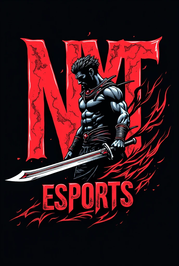 An empowering T-shirt design showcasing the phrase "NYT ESPORTS" in a thick, script font (Amatic Bold), adorned with intricate tribal motifs in vibrant hues of red and black against the deep black backdrop. A fierce warrior brandishes a sword, symbolizing courage and resilience, illustration, typography