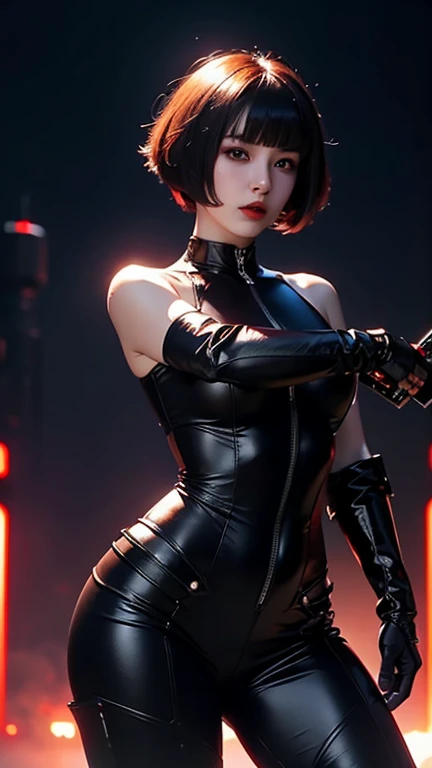 beautiful woman pirate cyber in black shiny armor jumpsuit ,red short hair , beautiful  belly breasts ,holds a cyber gun ,dynamic pose, medium long shot ,sci-fi space city and light bokeh background