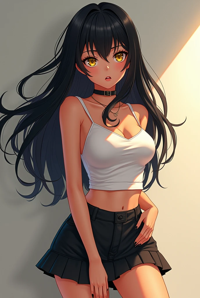 Anime woman, age 27, black hair, highlights, tan skin, yellow eyes, cute skirt, full body, black nails, embarrased