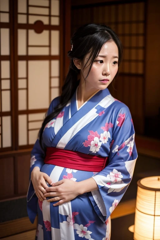 A pregnant woman who has been forced into becoming a mother by an evil spirit. She is wearing a kimono and there is an evil spirit in her stomach.