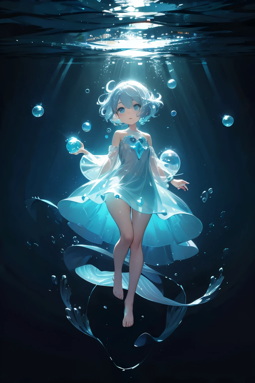 Underwater mysterious world, Magic world, glowing little jellyfish, Small fish, a girl in a transparent dress holds a glowing ball of a pearl in her hands, many small bubbles