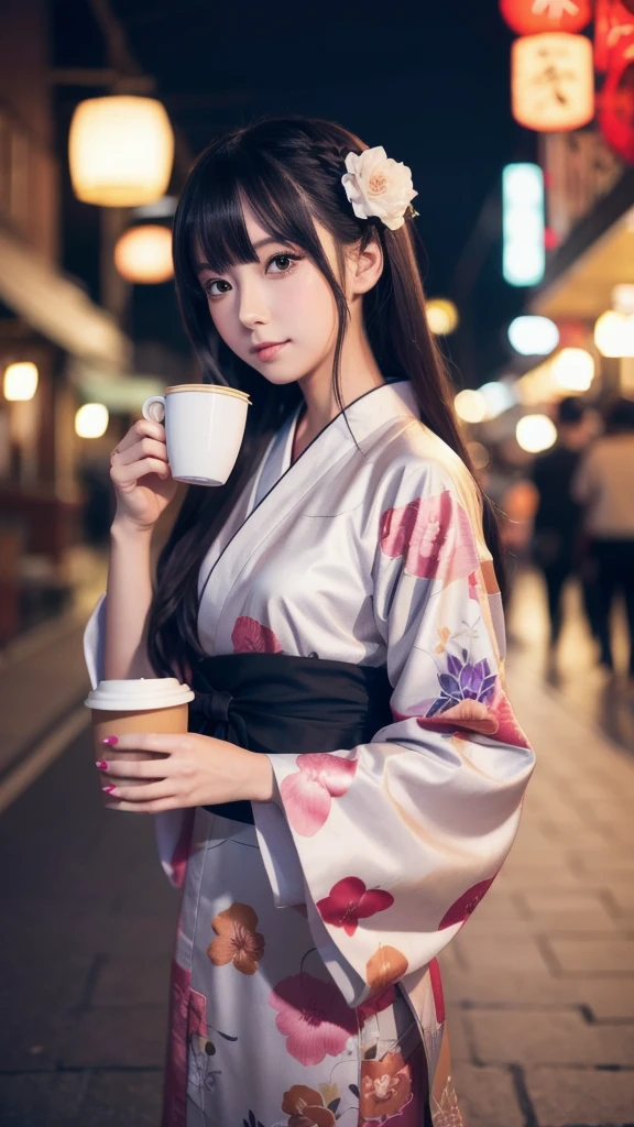 Anime girl in kimono holding a coffee cup, Anime Style 4k, Beautiful Anime girl, Core of the Night, Beautiful Anime woman, Beautiful Anime portrait, Cute Anime Girl, Anime Long Hair, Beautiful Anime style, Beautiful Anime, 4k anime wallpaper, Cute anime waifu in beautiful clothes, anime art wallpaper 4k, anime art wallpaper 4k
