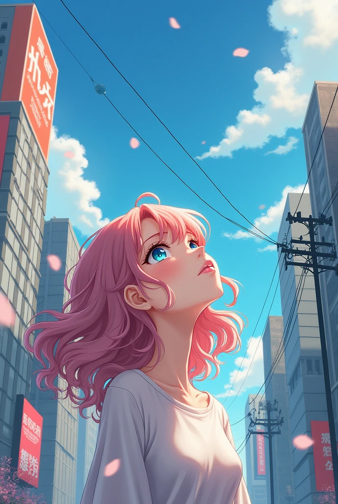 Anime girl watching the sky in a city drawing