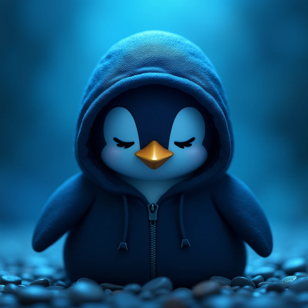 Resistance penguin coin , black hoodie , blue penguin , blue background , cute , eyes closed , mysterious , head bowed , only head , angry face