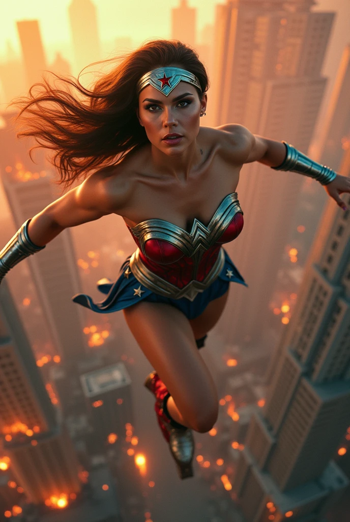 A beautiful, completely bald woman wearing the costume of the Amazon warrior Wonder Woman (((Red and blue leather jumpsuit)))Silver colored diaema with a star on her forehead silver colored bracelets red leather boots long to her knees flying over an apocalyptic city skyscrapers on fire