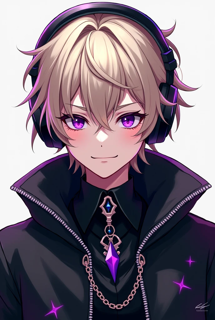 Draw in 2D anime style, a young boy, husbando, that has ash blonde hair, that has violet eyes, has headphones, He wears extravagant clothes in black, that looks an intimidating pose, have a confident smile, that has some malice. He has his hair combed back, that has short hair, Make it look more manly.
