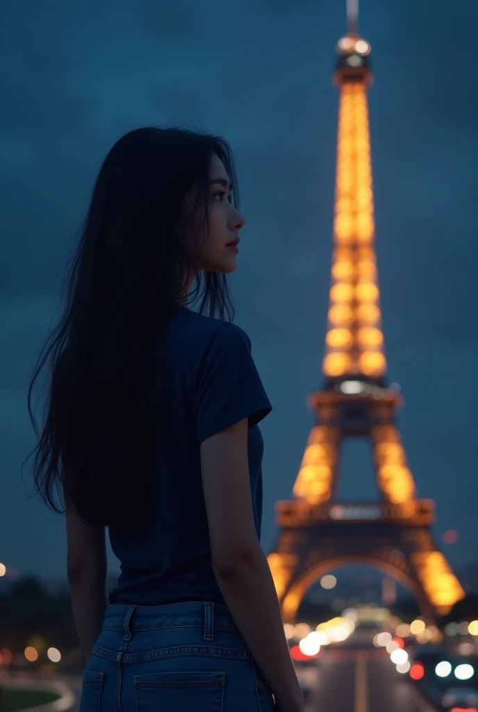 Girl  , 163 height , 57 kg healthy , long black hair, blue loose jeans , dark blue t-shirt , at night in the dark in paris looking at the elf tower ,  
