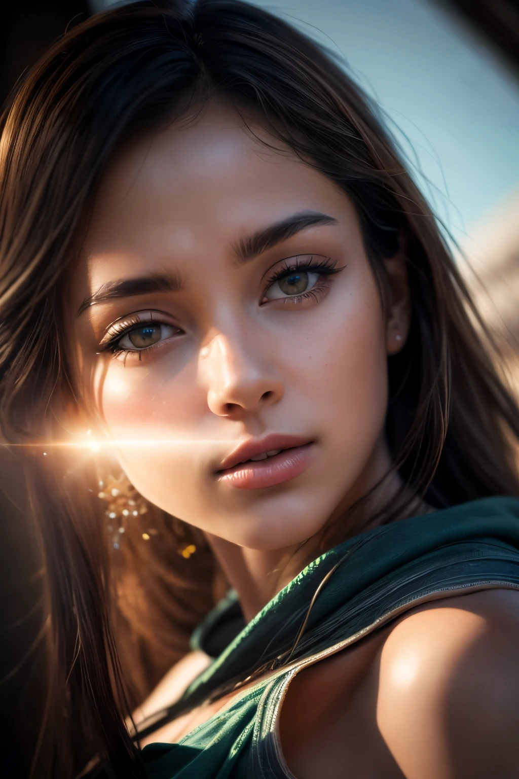 (RAW photo, best quality), (realistic, photo-realistic:1.3),best quality,highly detailed,masterpiece,ultra-detailed,illustration,1girl,upper_body,dynamic angle,world masterpiece theater,messy_long_hair,best quality,extremely detailed CG unity 8k wallpaper,ink,Amazing,cinematic lighting,lens_flare, dunhuang_style