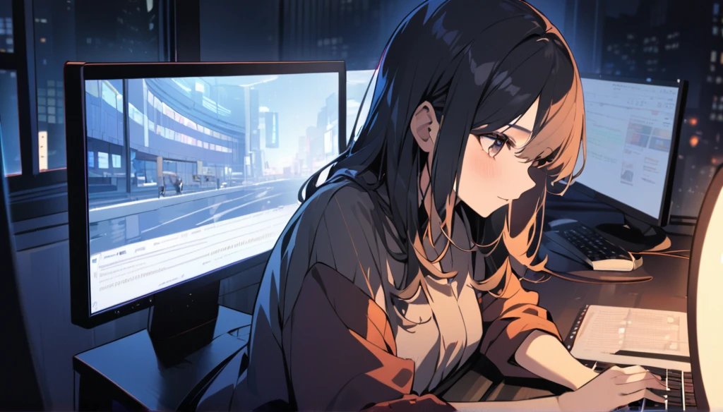 Beautiful Japanese woman in her 20s, working on a computer at a window seat, night city outside the window, horizontal screen size,