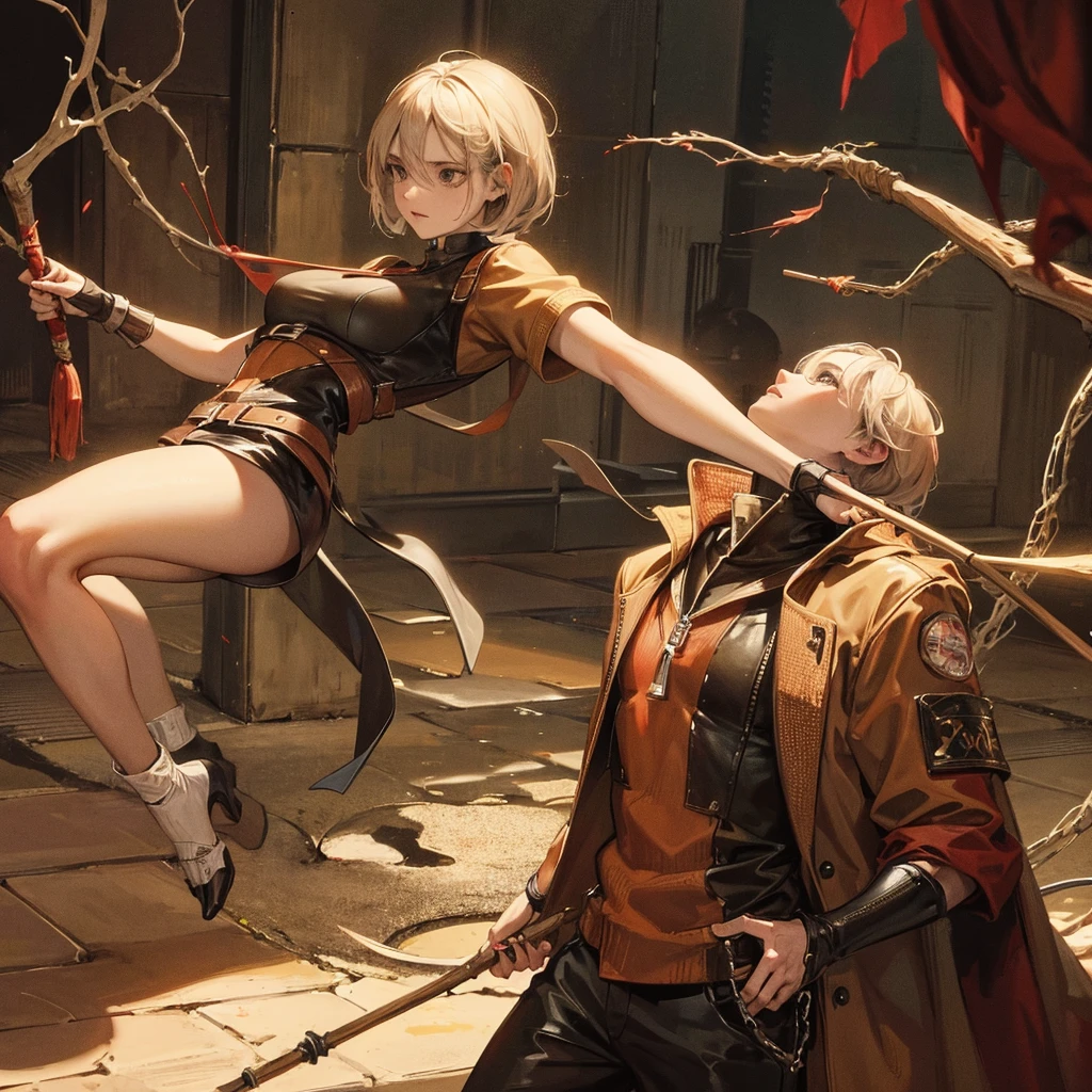 Two persons, man holding a stick with nails embedded it in, woman behind him holding his arm. Silent hill 2 inspirated

