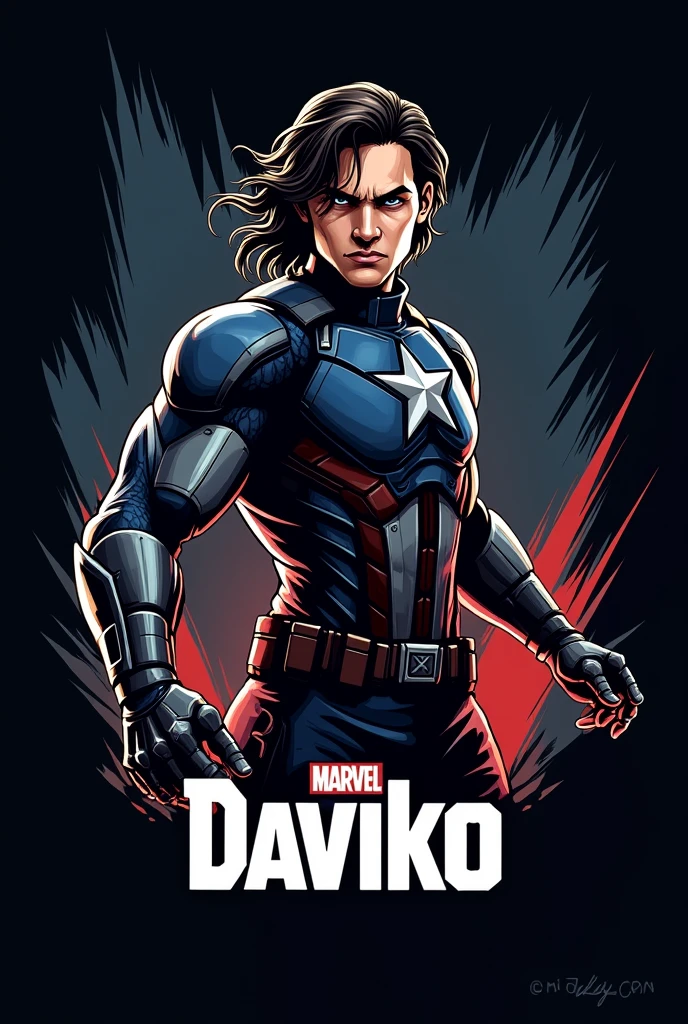 Logo, Bucky Barnes, winter soldier, marvel, fighting, name at the bottom daviko