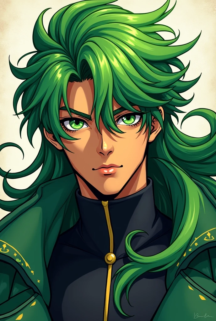 A man with green hair, brunette skin, green eyes and long hair. Manhwa style character
