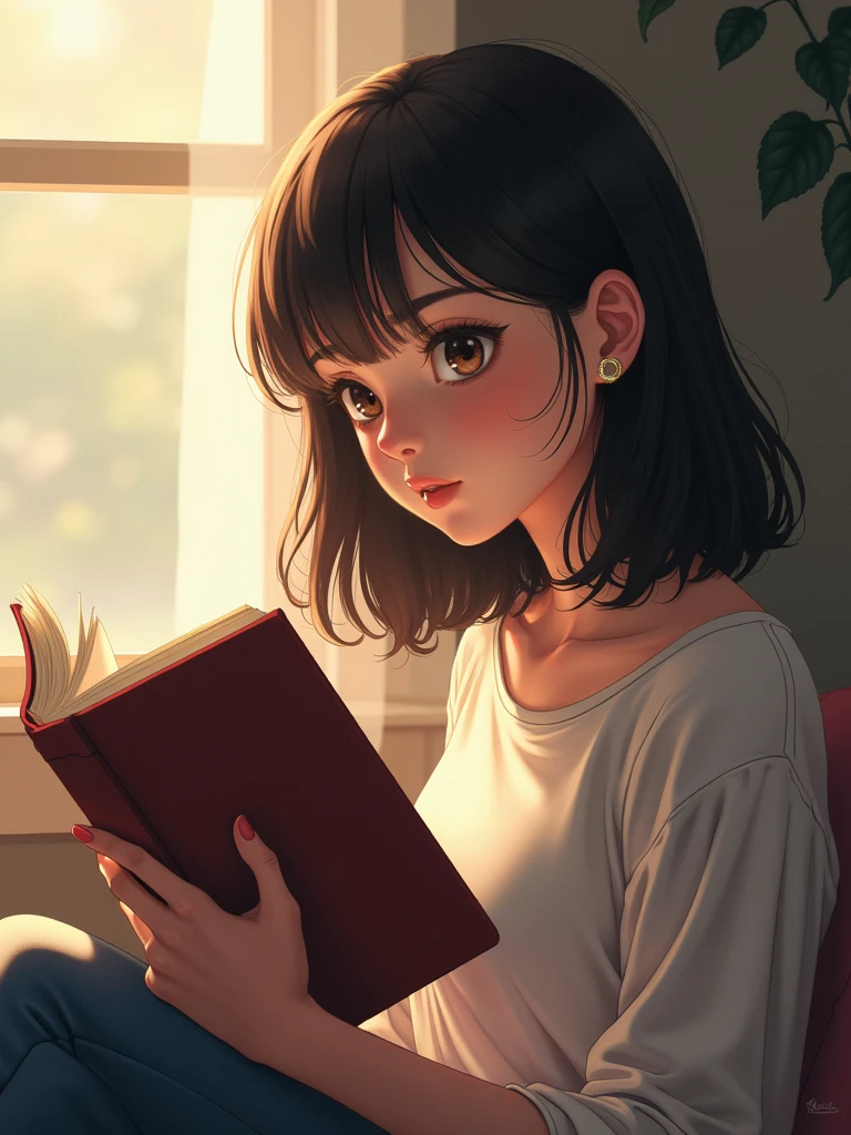 A Serene Girl，Shoulder-length hair，Beautiful face，Side view，Showcasing the Girl's Focused Expression，Close shot，Focusing on the Girl's Facial Expressions and the Book in Her Hands，Peaceful and Focused，Immersed in the World of Books，She sits by the window or on a soft sofa，Soft interior lighting，Creating a Warm and Tranquil Reading Atmosphere，Soft colors，Simple composition