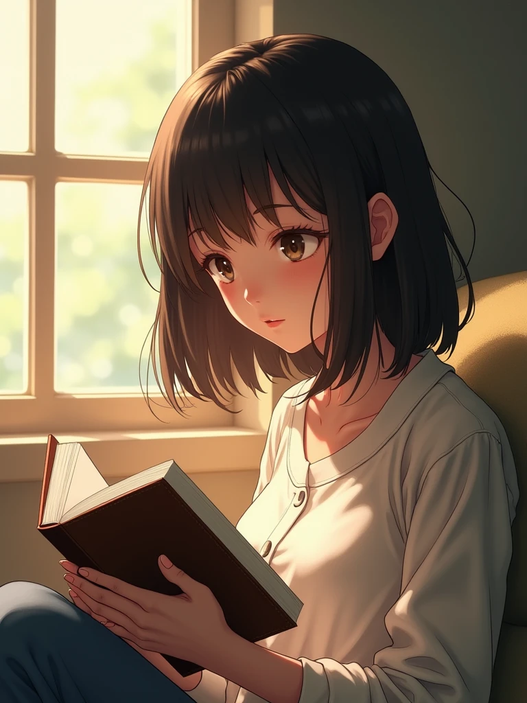 A Serene Girl，Shoulder-length hair，Beautiful face，Side view，Showcasing the Girl's Focused Expression，Close shot，Focusing on the Girl's Facial Expressions and the Book in Her Hands，Peaceful and Focused，Immersed in the World of Books，She sits by the window or on a soft sofa，Soft interior lighting，Creating a Warm and Tranquil Reading Atmosphere，Soft colors，Simple composition