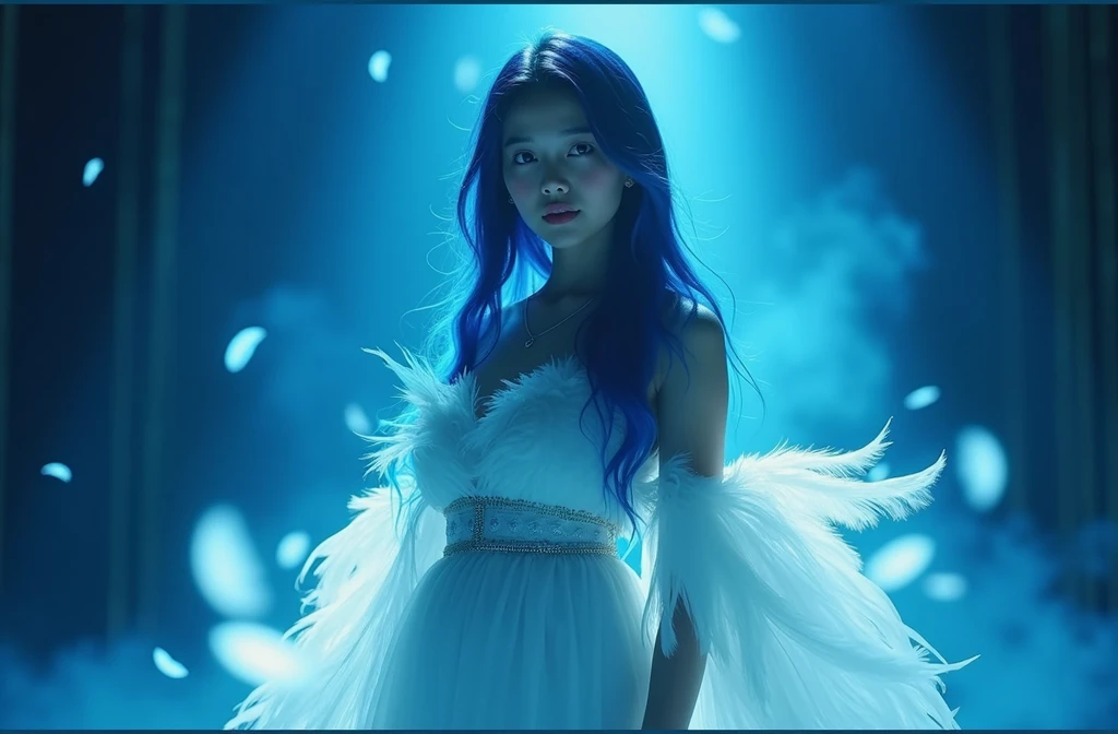 A captivating full-body shot of an Asian woman with long blue hair, her gaze directed towards the camera, wearing a flowing dress that seems to be made out of light beams and feathers. The background is dark, illuminated by a soft white glow from above. She appears confident as she stands in front of a bright blue backdrop, creating a striking contrast between darkness and luminosity. Her attire adds depth and dimension to the scene, while her expression exudes elegance and strength., ultra-realistic photograph captured, high-resolution 20 megapixel Hasselblad H6D-400c USM, sharp focus, hyper-detailed
