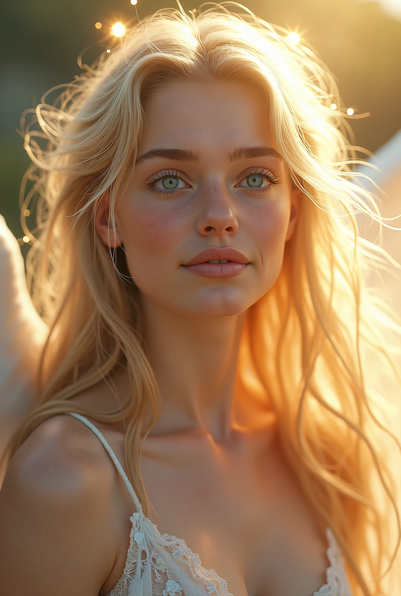 Long Hair, smile, blue eyes, Golden Eyes, Blonde, smile, Simple Background, Angel Halo, Sparkle Effect, movie,