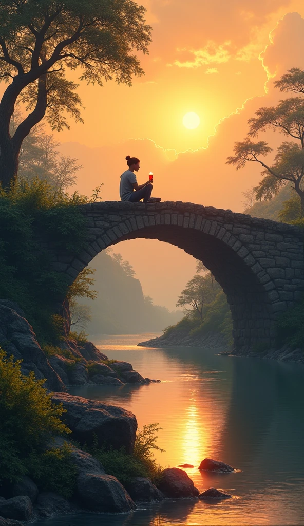 I want to draw a landscape,Drinking and relaxing at the Broken Bridge at sunset

