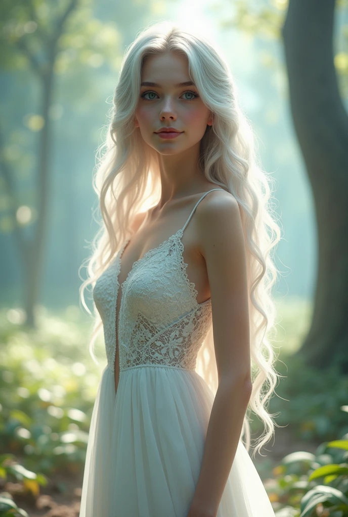 A breathtakingly beautiful teenage girl with flawless porcelain skin, large sparkling blue eyes, and long flowing silver hair. She has a delicate, perfectly symmetrical face with soft features, a small nose, and full lips with a gentle smile. She is dressed in a flowing, elegant white dress with intricate lace details, standing in a magical, serene forest with soft light filtering through the trees. The atmosphere is ethereal and dreamlike, with a soft focus and gentle pastel colors.