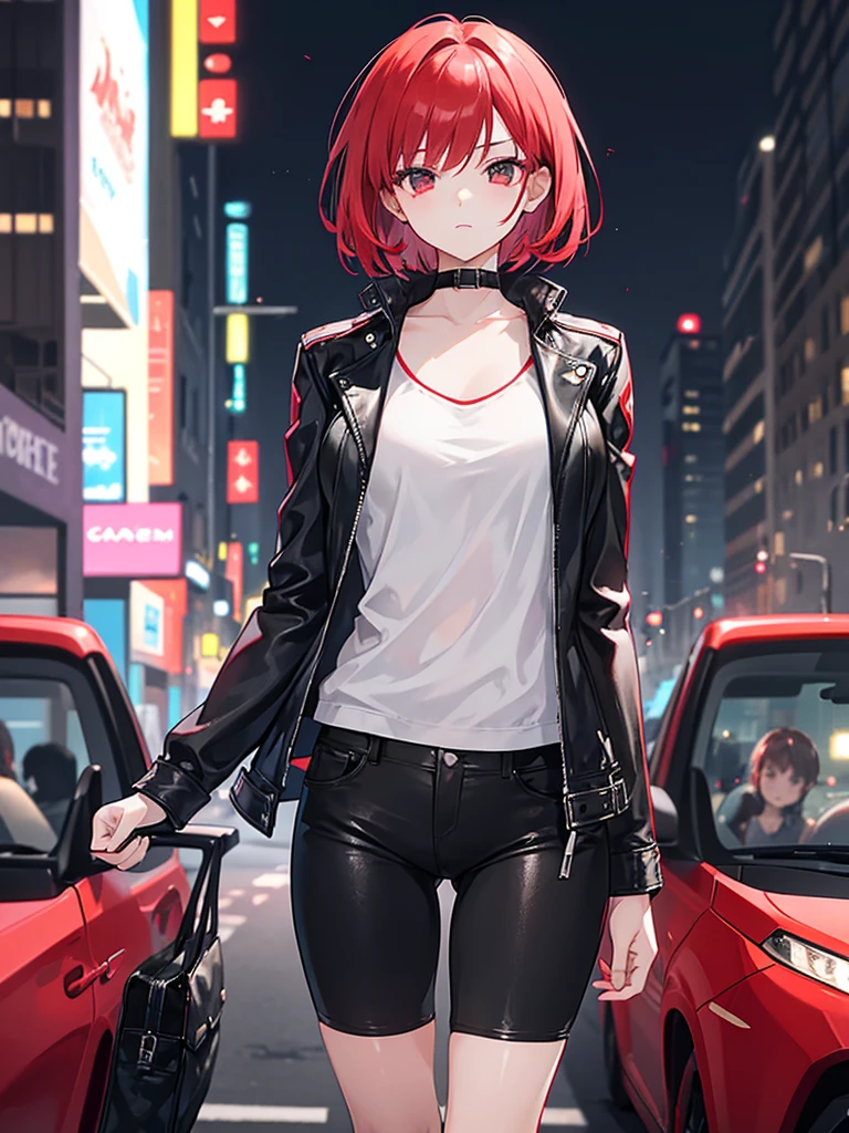 a young high school girl woman with short red hair with dark eyes and a leather jacket and black pants blurry city background