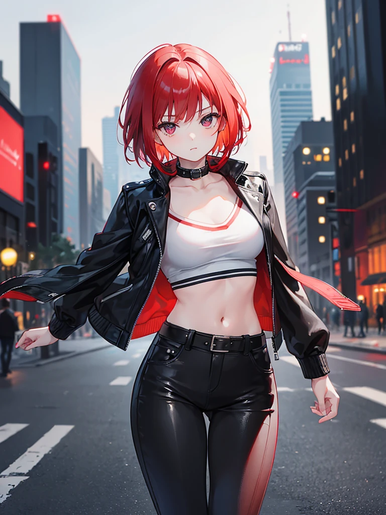 (masterpiece、top-quality)、独奏、1womanl、Medium Hair、Pink hair、Yellow eyes、A smile、Navel dashi、T-shirt with navel、Skin wiping action、White skin as clear as snow、Fantastical、Western-style cityscape
