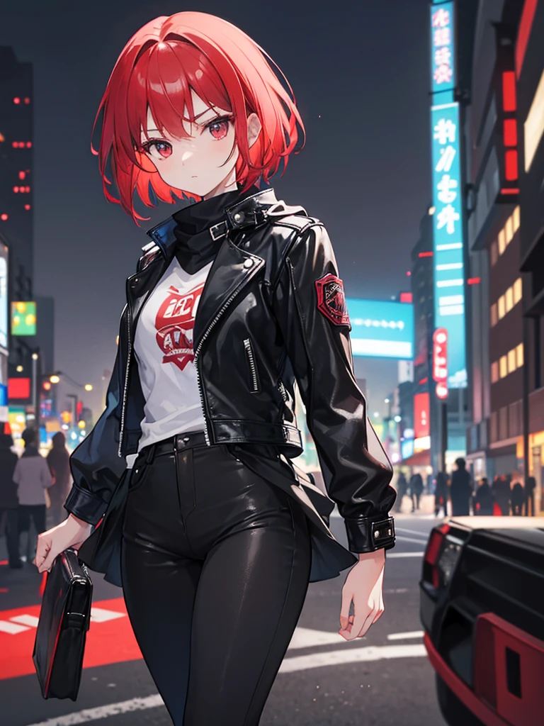 a young high school girl woman with short red hair with dark eyes and a leather jacket and black pants blurry city background 