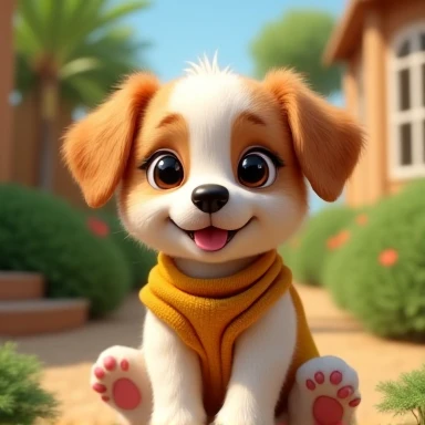 Imagine a lifelike puppy, Its features are humorously exaggerated,Extra large, Wearing cute clothes,Bright eyes and curiosity, Smile. Puppy's front view,Smiling puppy,Disney style, Capturing Natural Textures, Although its little claws are slightly larger, More lovely. The background is a simple garden, The focus is on natural colors and some greenery, Create realistic and cute scenes