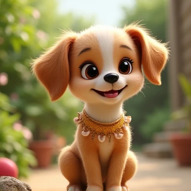 Imagine a lifelike puppy, Its features are humorously exaggerated,Extra large, Wearing cute clothes,Bright eyes and curiosity, Smile. Puppy's front view,Smiling puppy,Disney style, Capturing Natural Textures, Although its little claws are slightly larger, More lovely. The background is a simple garden, The focus is on natural colors and some greenery, Create realistic and cute scenes