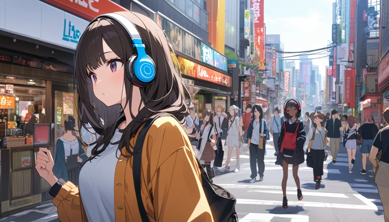 Sightseeing in Akihabara, Tokyo、Dark haired woman in headphones,Streetscape、listen to music、Japanese